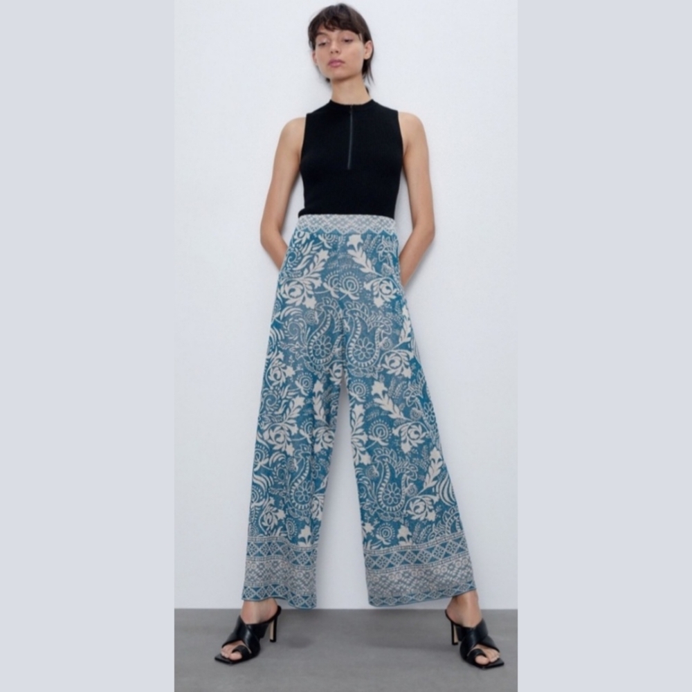 Zara Metallic Blue Jacquard Wide Leg Pallazo Pant Small